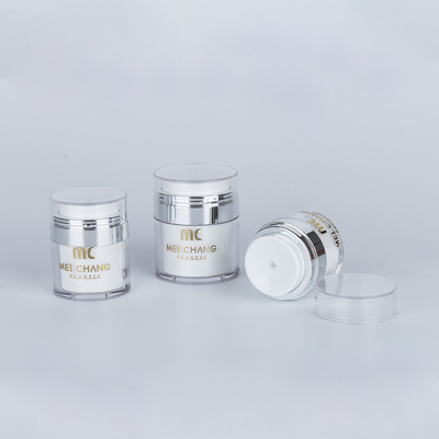 Cosmetici 15ml 30ml 50ml Bottone senza aria Forma rotonda Imballaggio in plastica Stampa a schermo Cartone Contenitore cosmetico